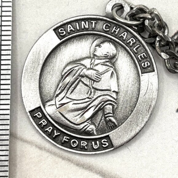 Vintage Silver Tone Saint Charles Borromeo Catholic Religious Medal Necklace - Picture 5 of 10